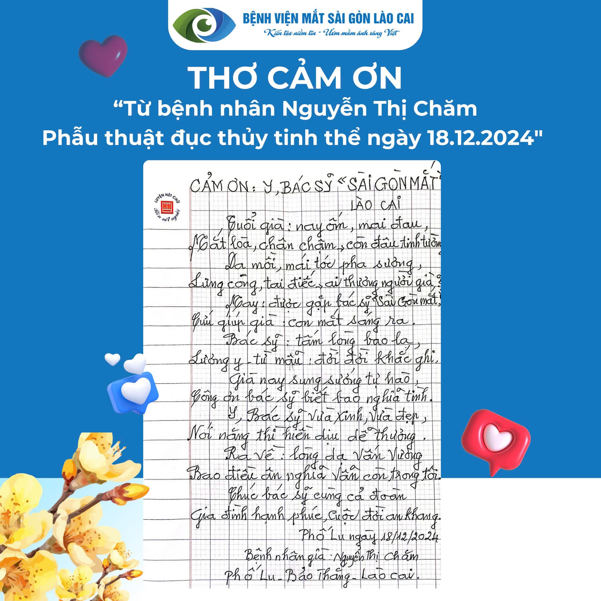 BỆNH NHÂN VIẾT THƠ CẢM ƠN BỆNH VIỆN MẮT SÀI GÒN - LÀO CAI NIỀM TIN GỬI GẮM TRONG TỪNG VẦN CHỮ